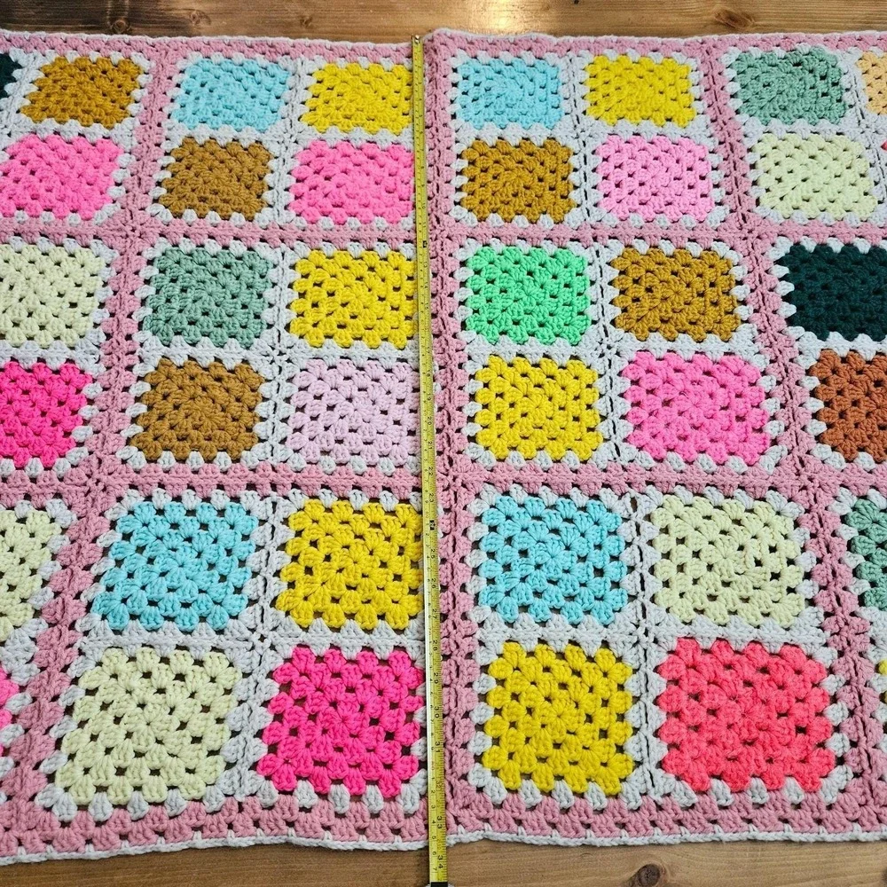 Vintage Handmade Crochet Granny Square Baby Blanket Afghan‎ Multicolor Pink